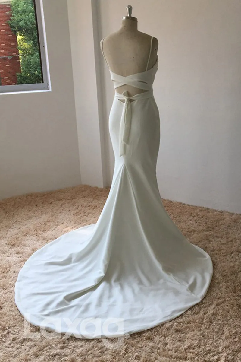 13547 - Spaghetti Sleeveless Satin Mermaid Wedding Dress With Slit