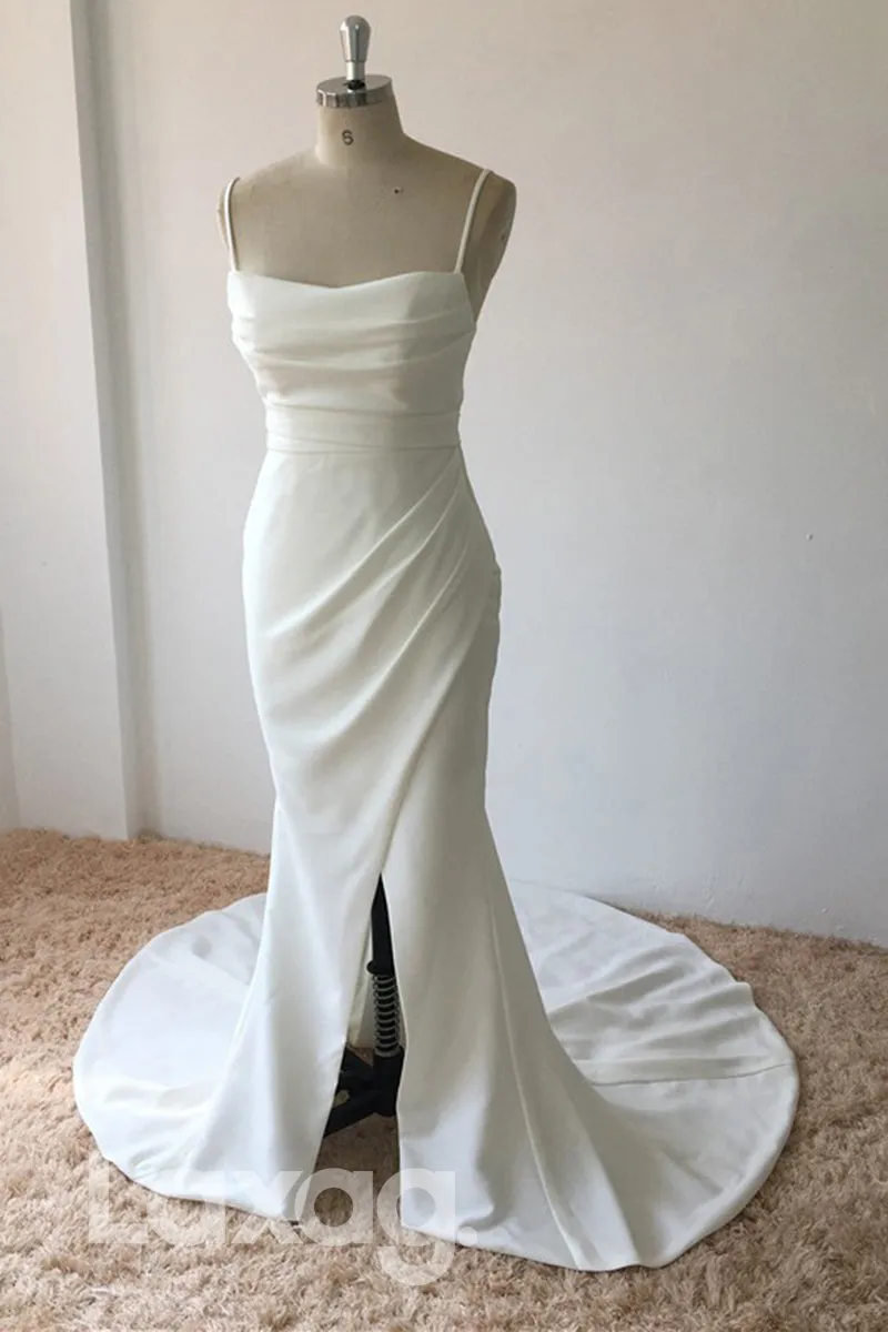 13547 - Spaghetti Sleeveless Satin Mermaid Wedding Dress With Slit