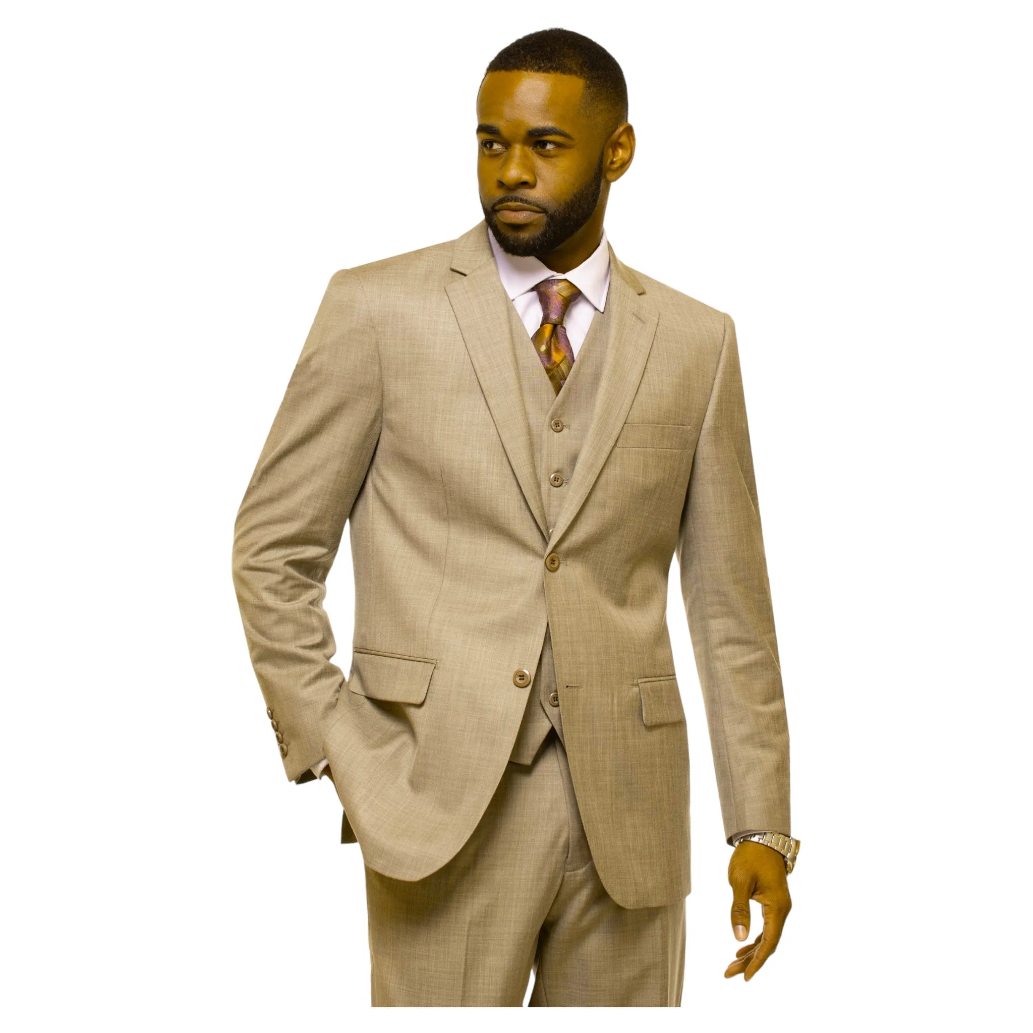 3pc Oatmeal Sharkskin Suit