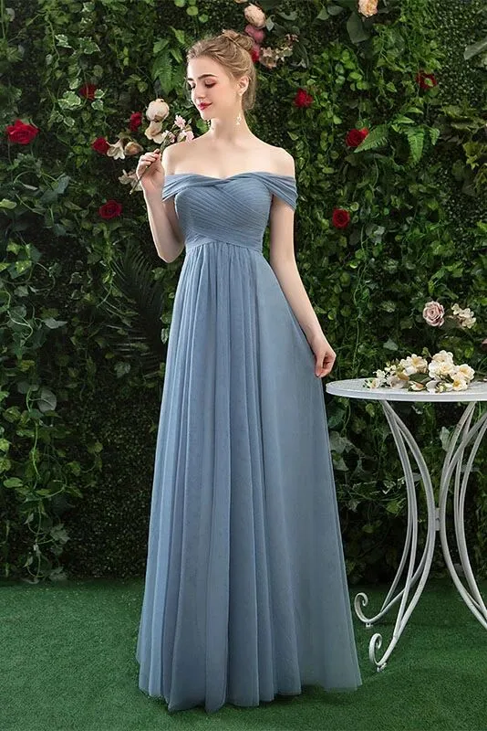 A Line Off the Shoulder Chiffon Blue Prom Dress, Long Bridesmaid Dresses PFP1623