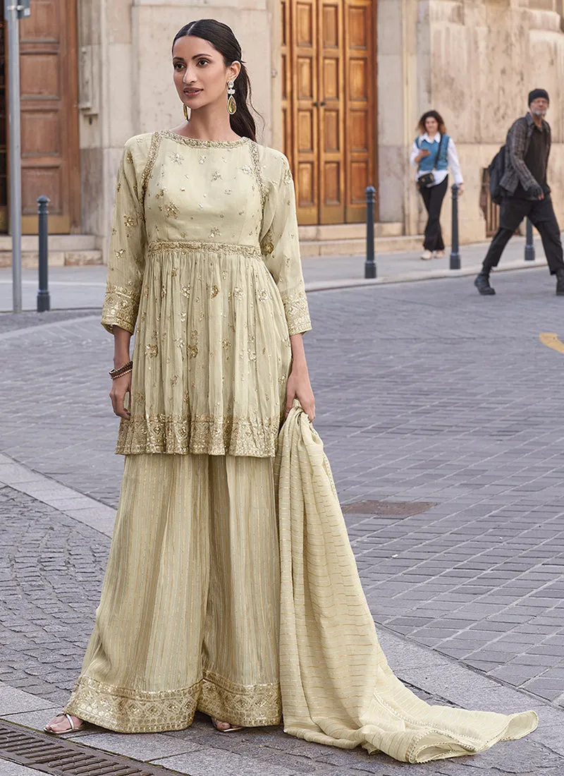 Beige Golden Embroidery Palazzo Style Suit