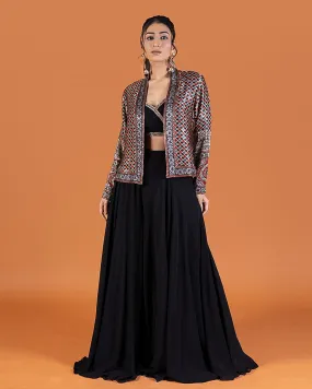 Black Crop Top with Embellished Jacket and Palazzo Pants