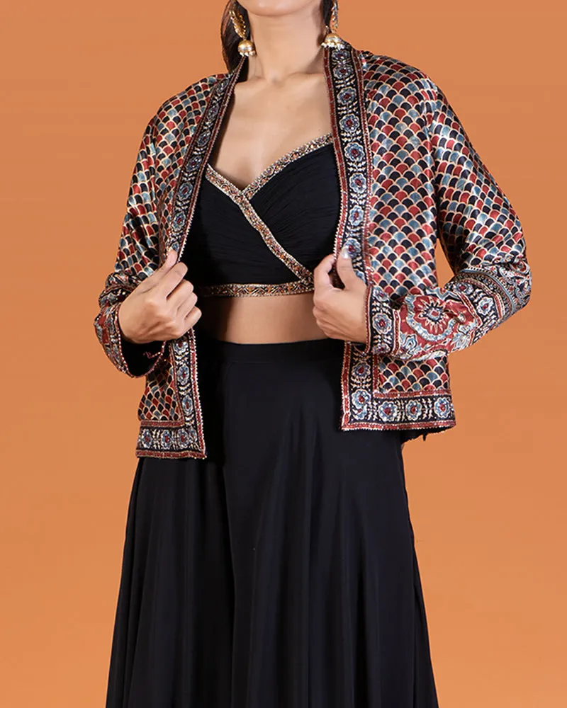 Black Crop Top with Embellished Jacket and Palazzo Pants