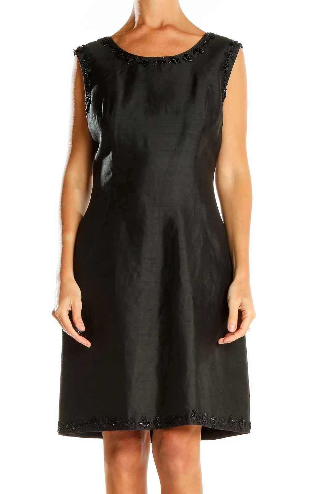 Black Designer Silk Classic Beaded Trim Fit & Flare Dress