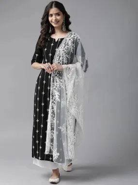 Black Embroidered Rayon Straight Kurta With Palazzos & Dupatta