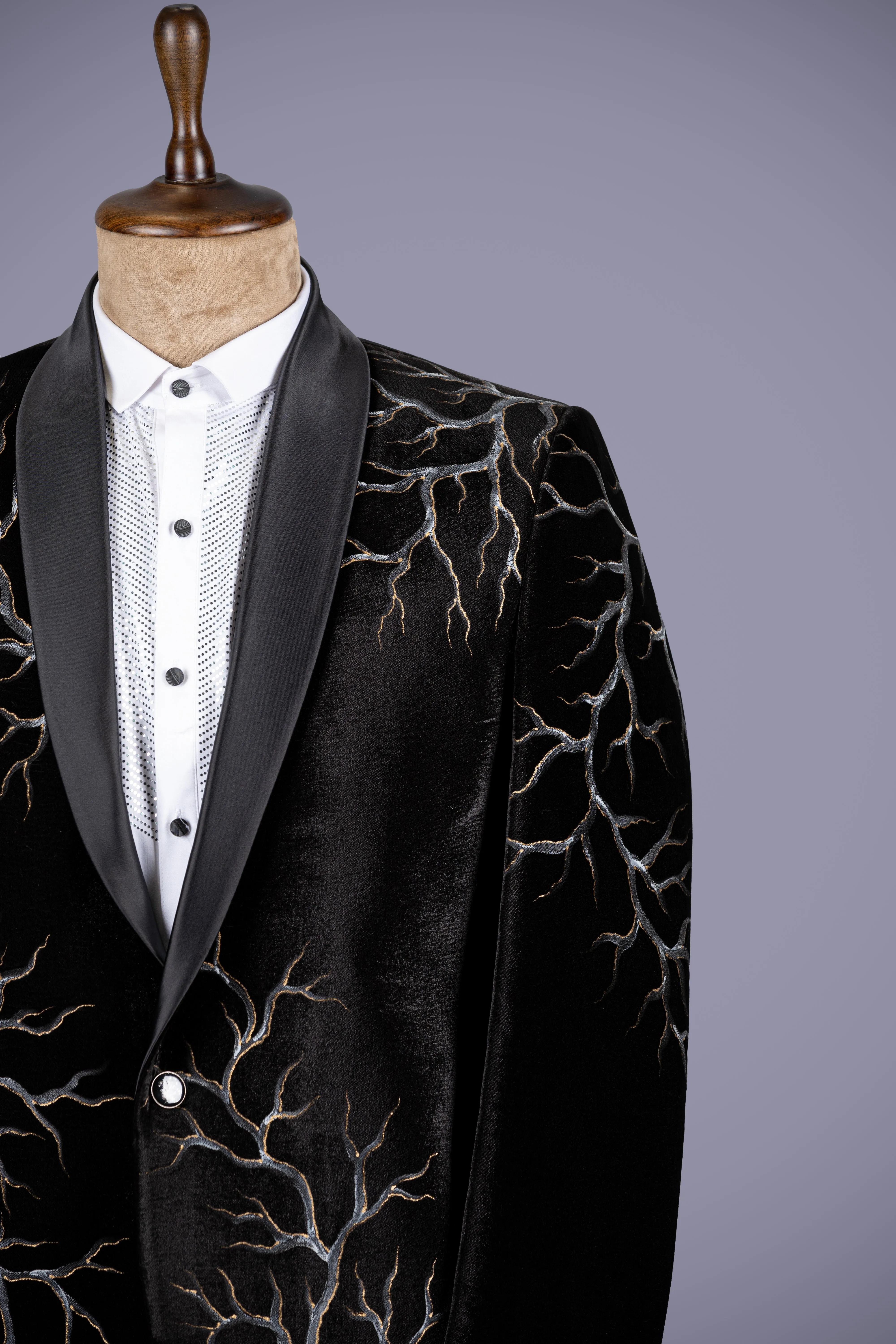 Bold Black Velvet Tuxedo with Hand-Painted Detailing