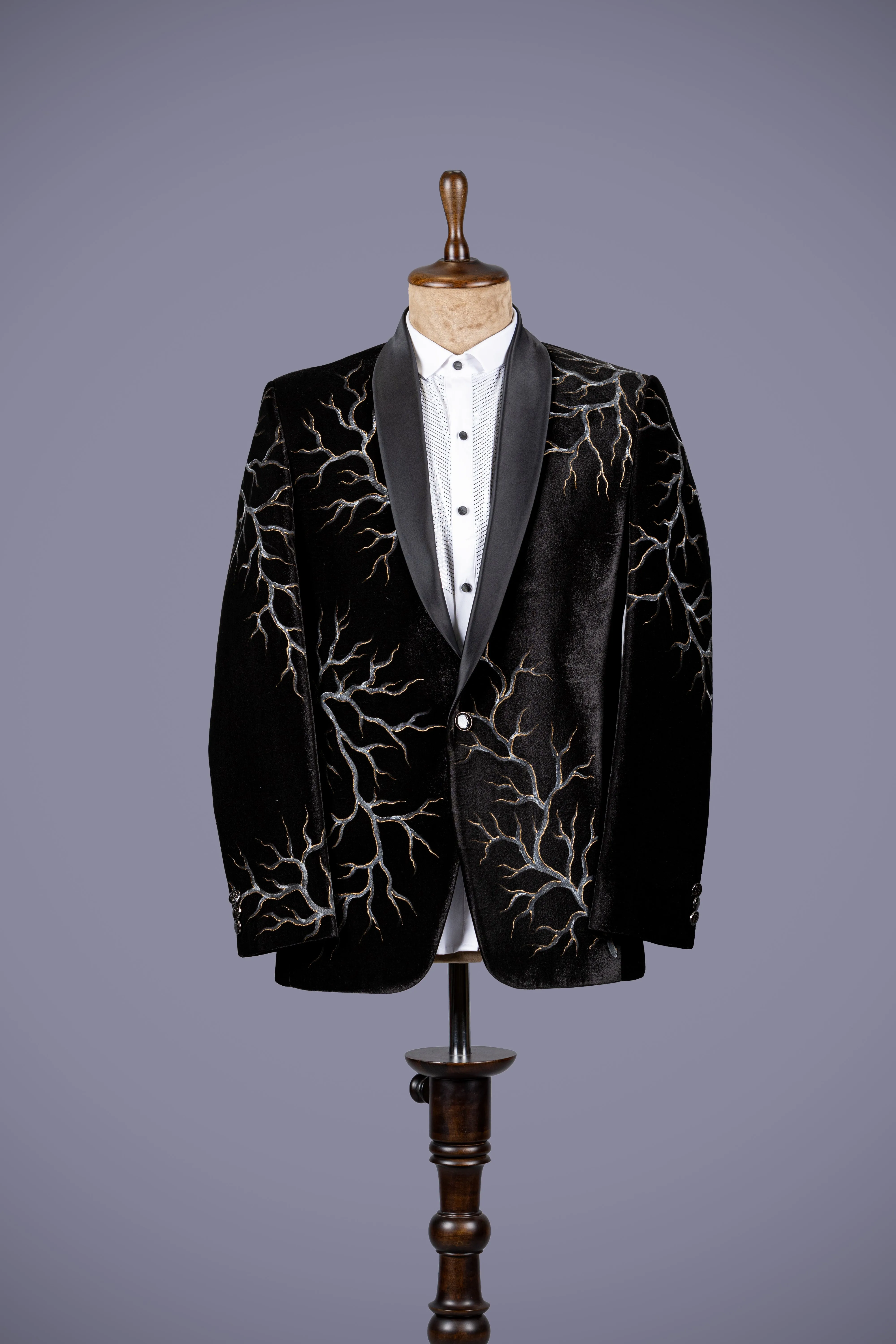 Bold Black Velvet Tuxedo with Hand-Painted Detailing