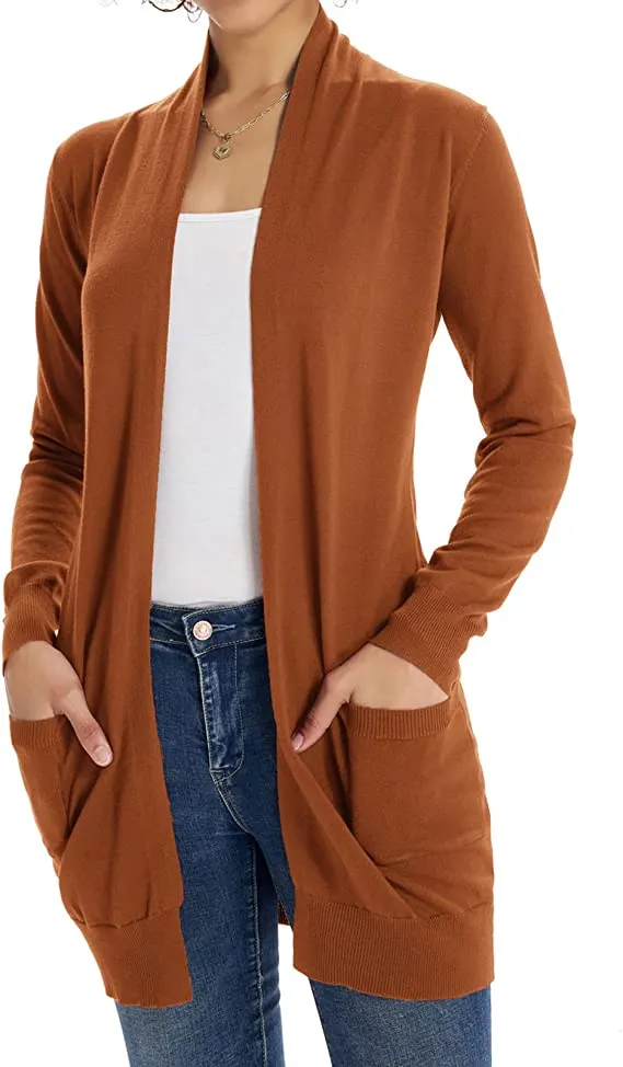 Bronze Women Open Front Cardigan Sweaters Pockets Long Sleeve Shrugs - GRACE KARIN