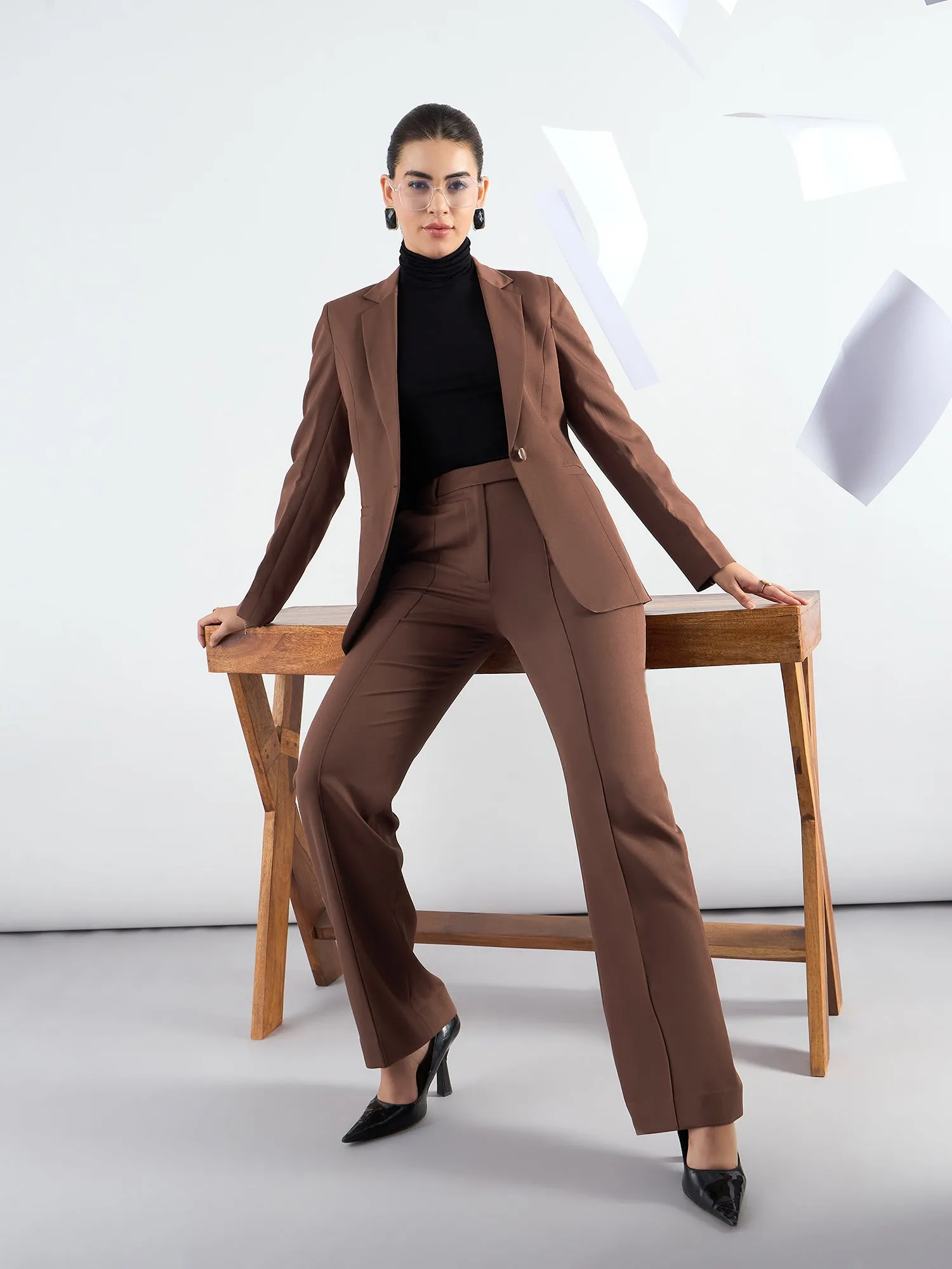 Brown Notched Lapel Blazer With High-Waist Trouser In Stretchable Fabric