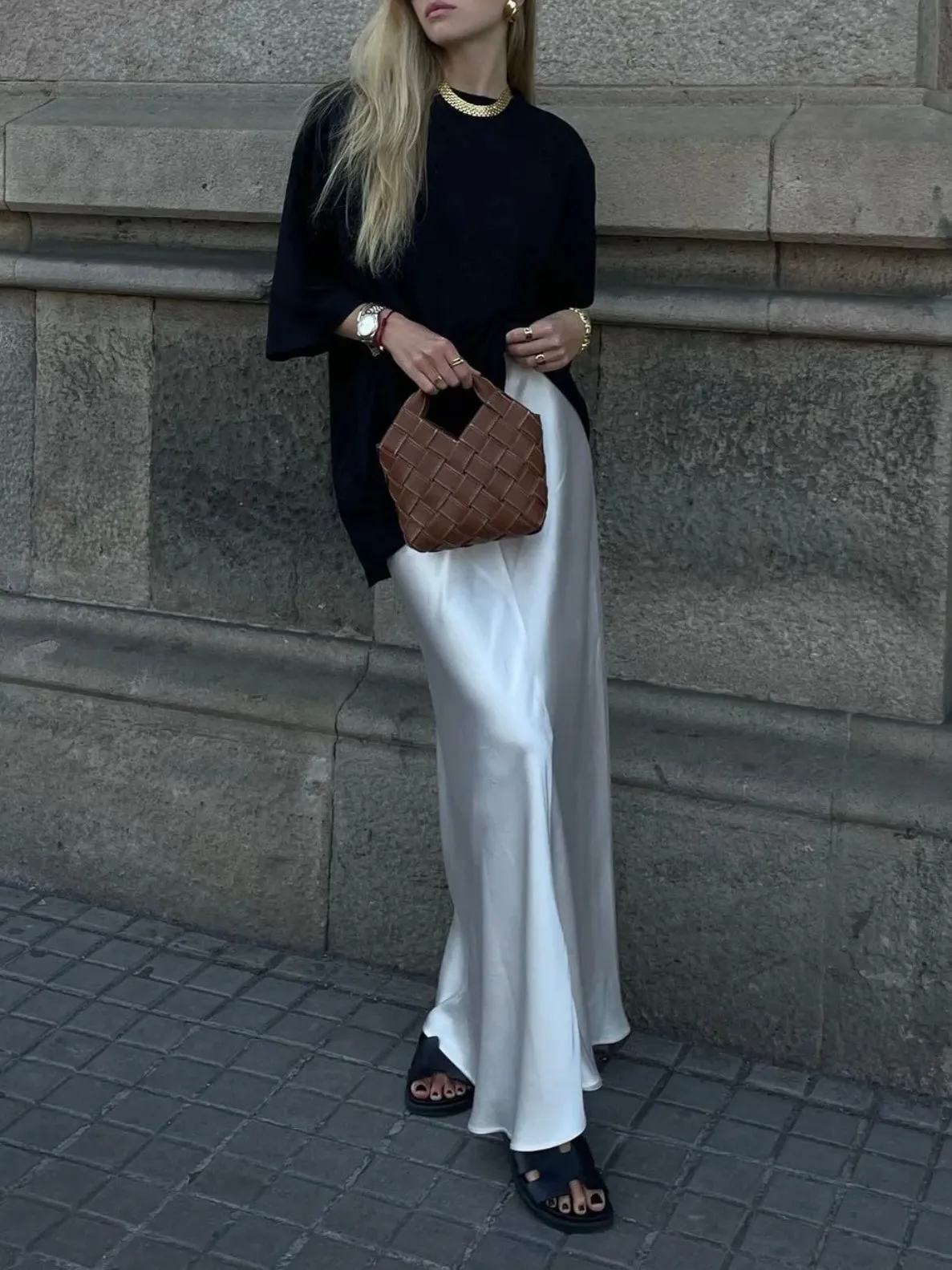 Chic Simple Black T-shirt & Silk Skirt 2-pieces Suit