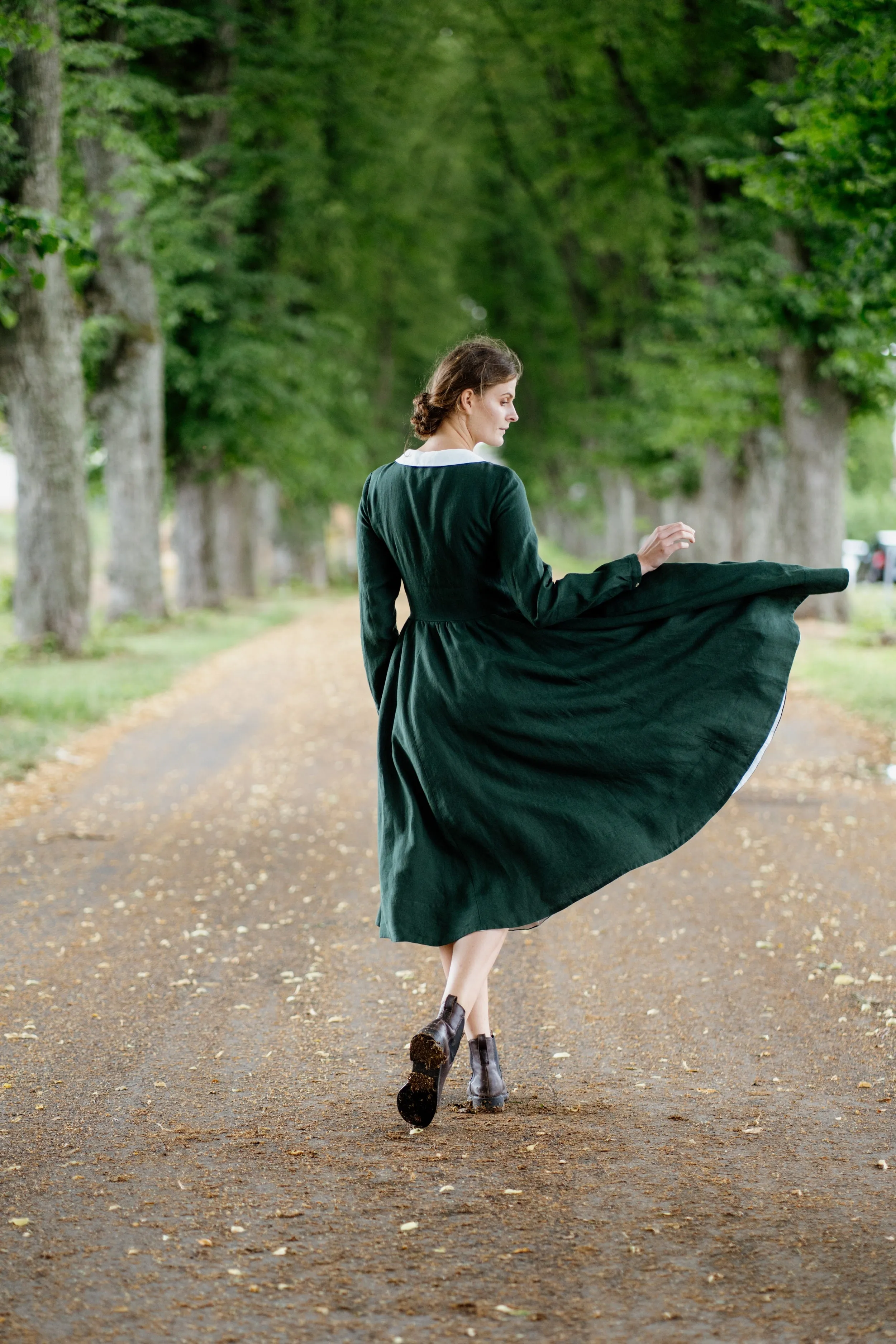 Classic Dress with Embroidered Meadow Collar, Long Sleeve