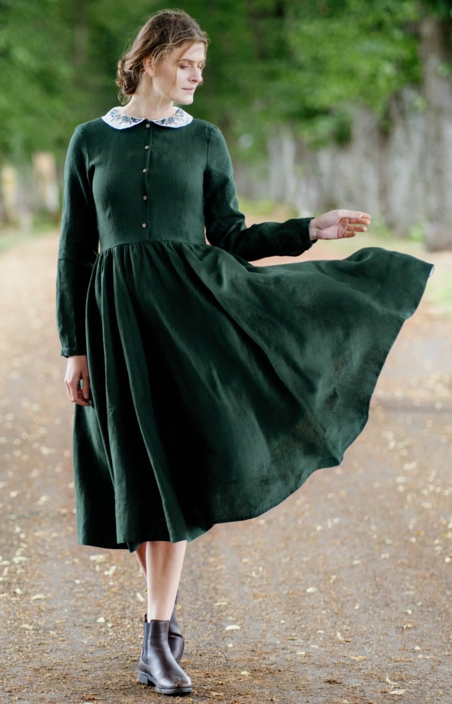 Classic Dress with Embroidered Meadow Collar, Long Sleeve