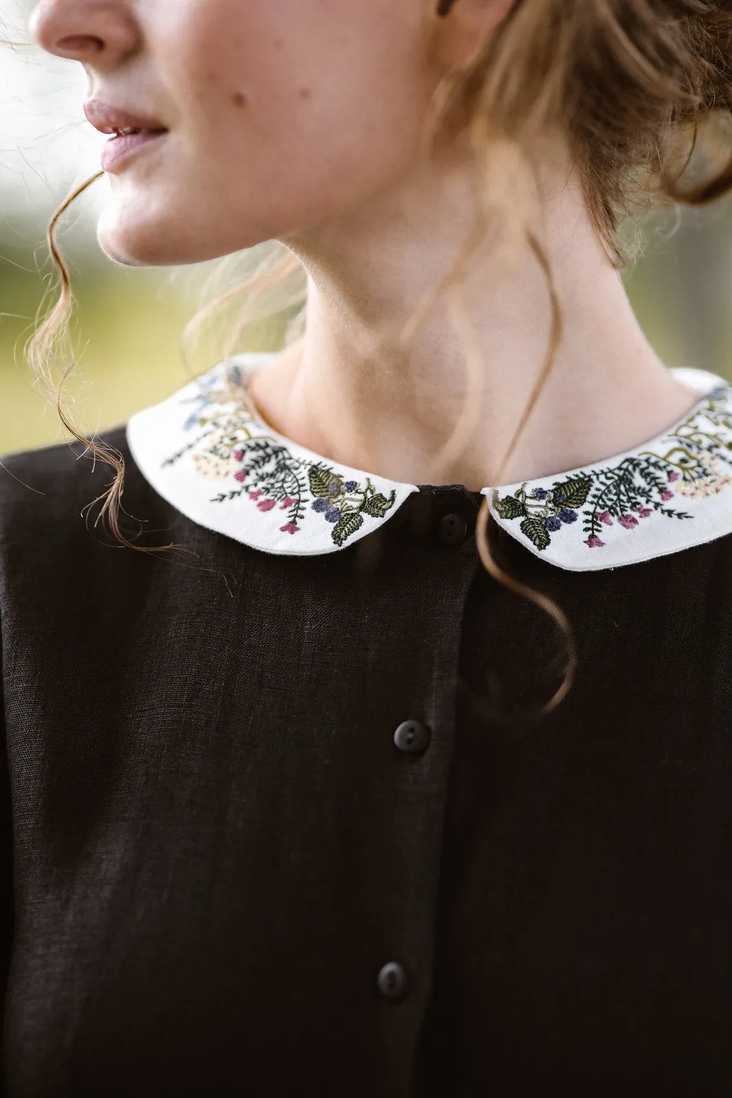 Classic Dress with Embroidered Meadow Collar, Long Sleeve