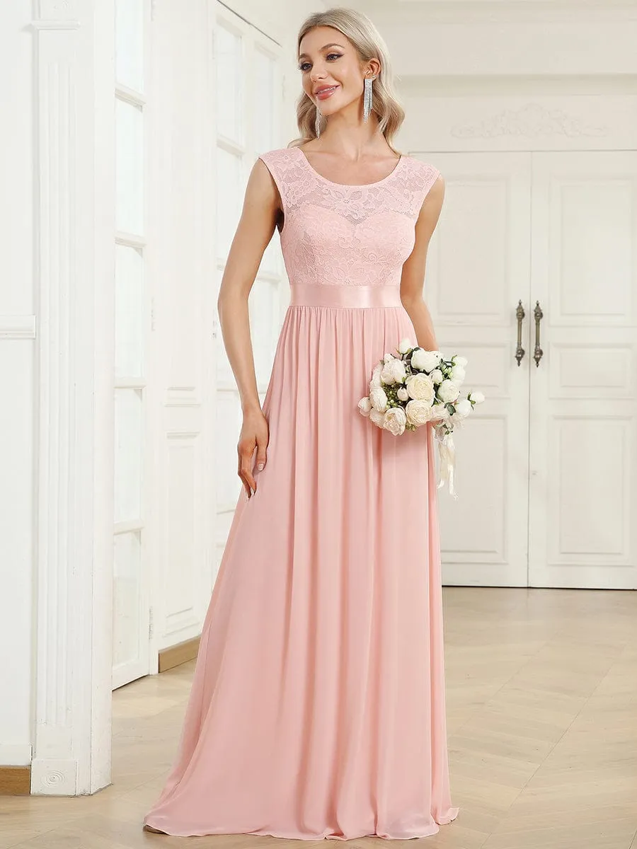 Classic Round Neck V Back Lace Bodice Bridesmaid Dress