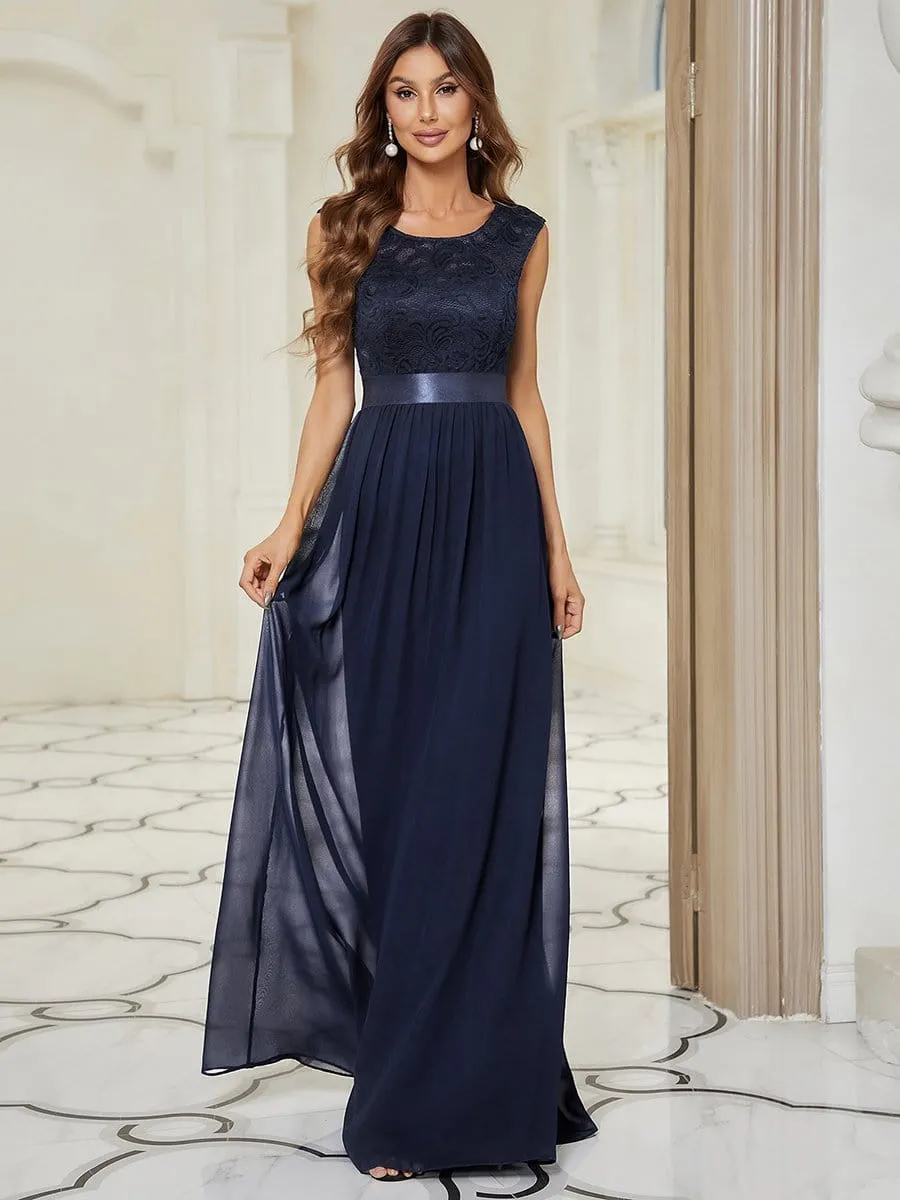 Classic Round Neck V Back Lace Bodice Bridesmaid Dress