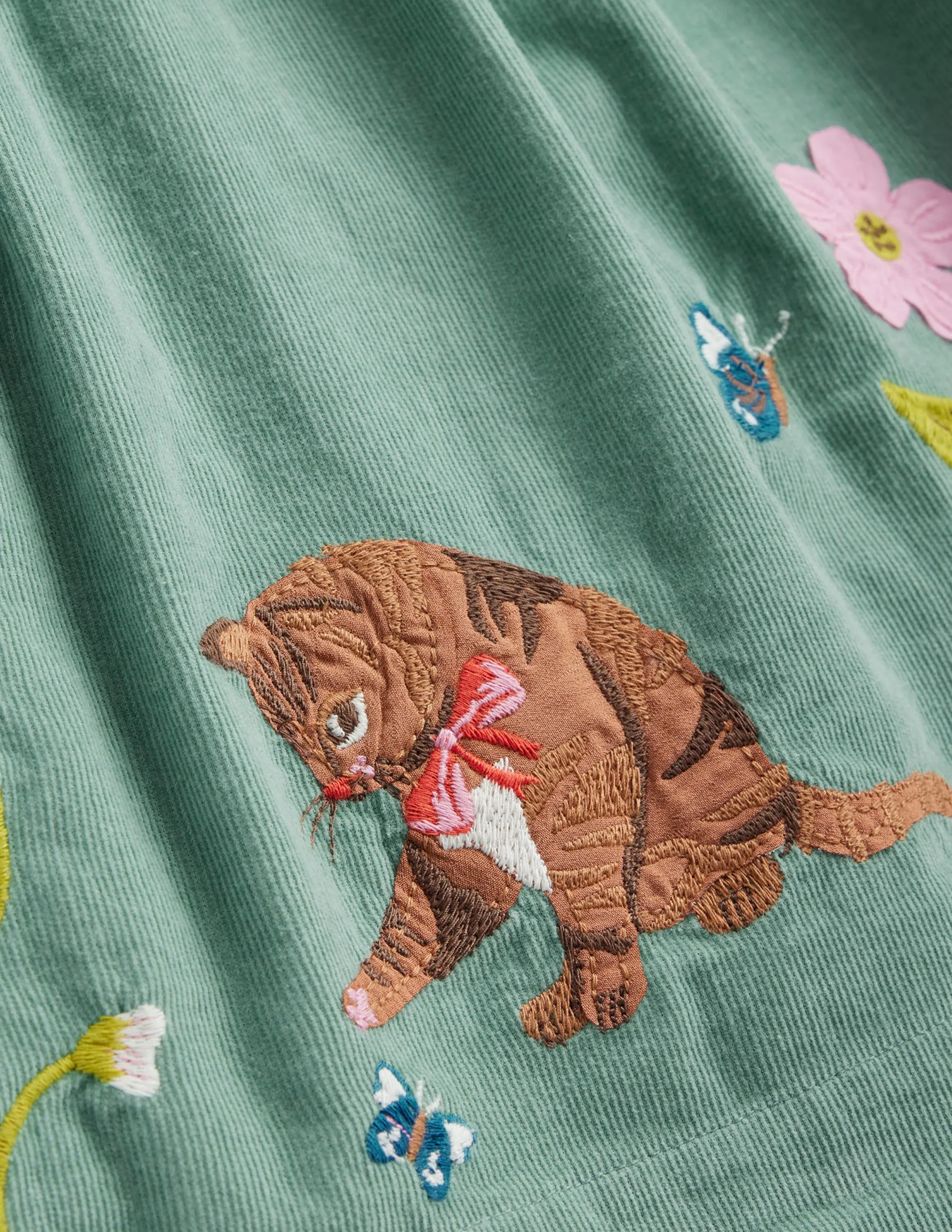 Cord Applique Pinafore-Green Smoke Cats