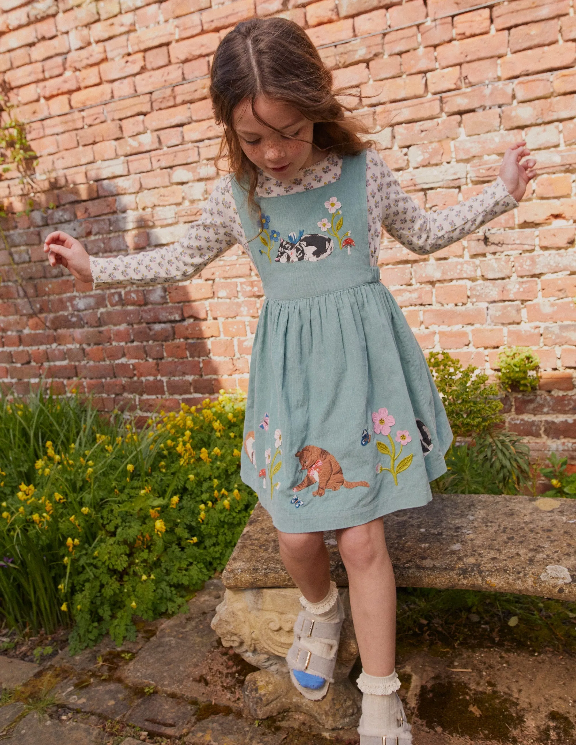 Cord Applique Pinafore-Green Smoke Cats