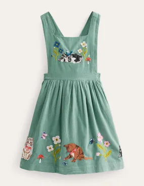 Cord Applique Pinafore-Green Smoke Cats