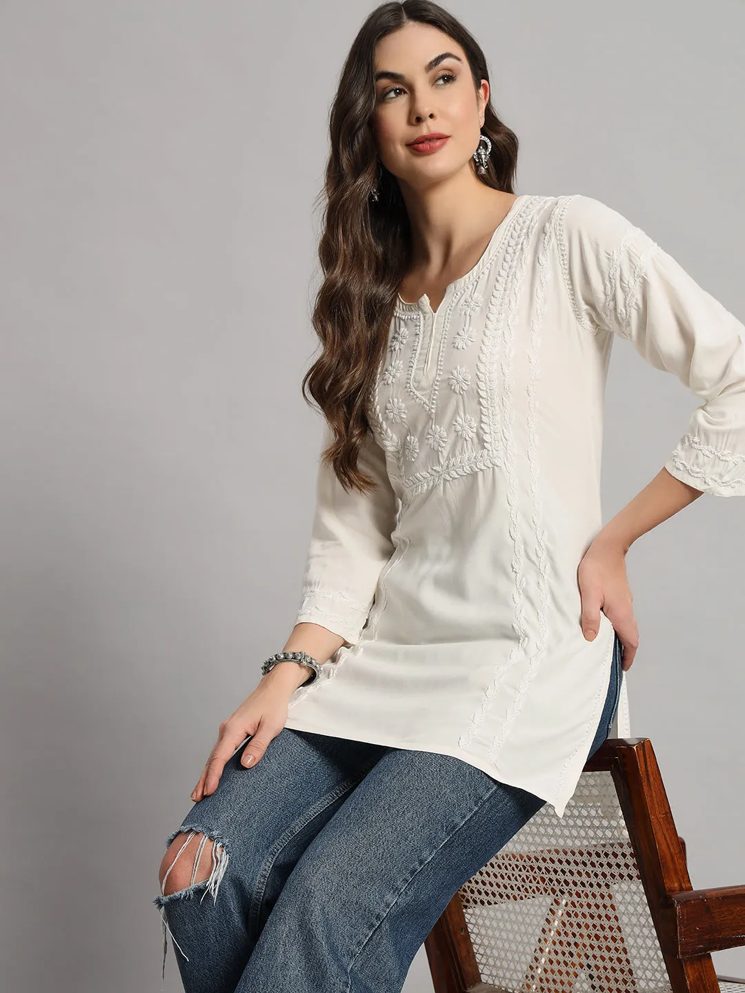 Cotton Rayon Short Off White Kurti for Women