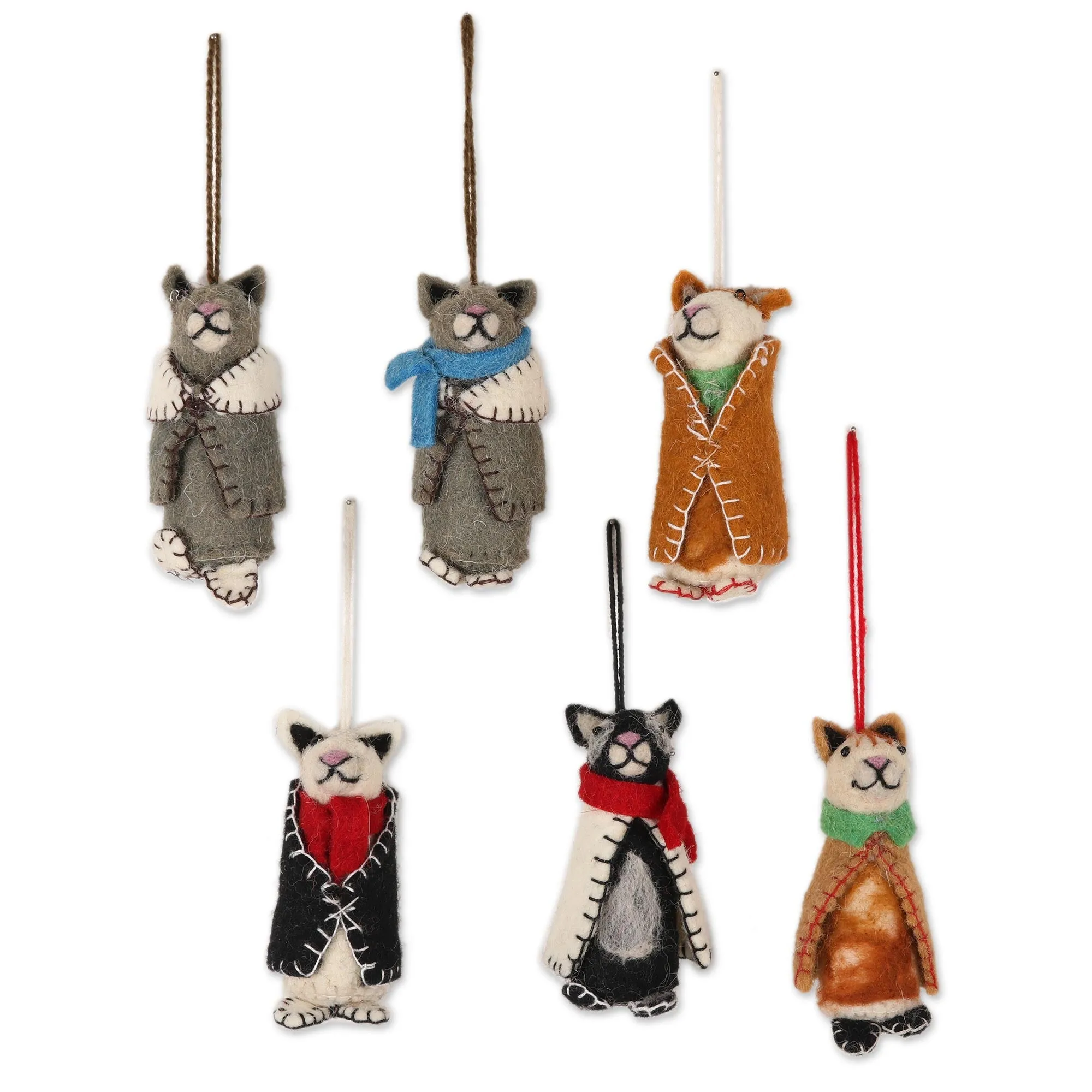 Cozy Animals Embroidered Wool Cat Ornaments from India (Set of 6)