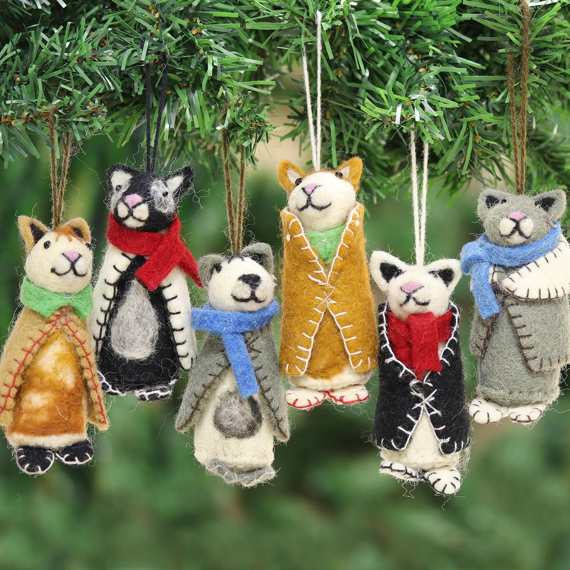 Cozy Animals Embroidered Wool Cat Ornaments from India (Set of 6)