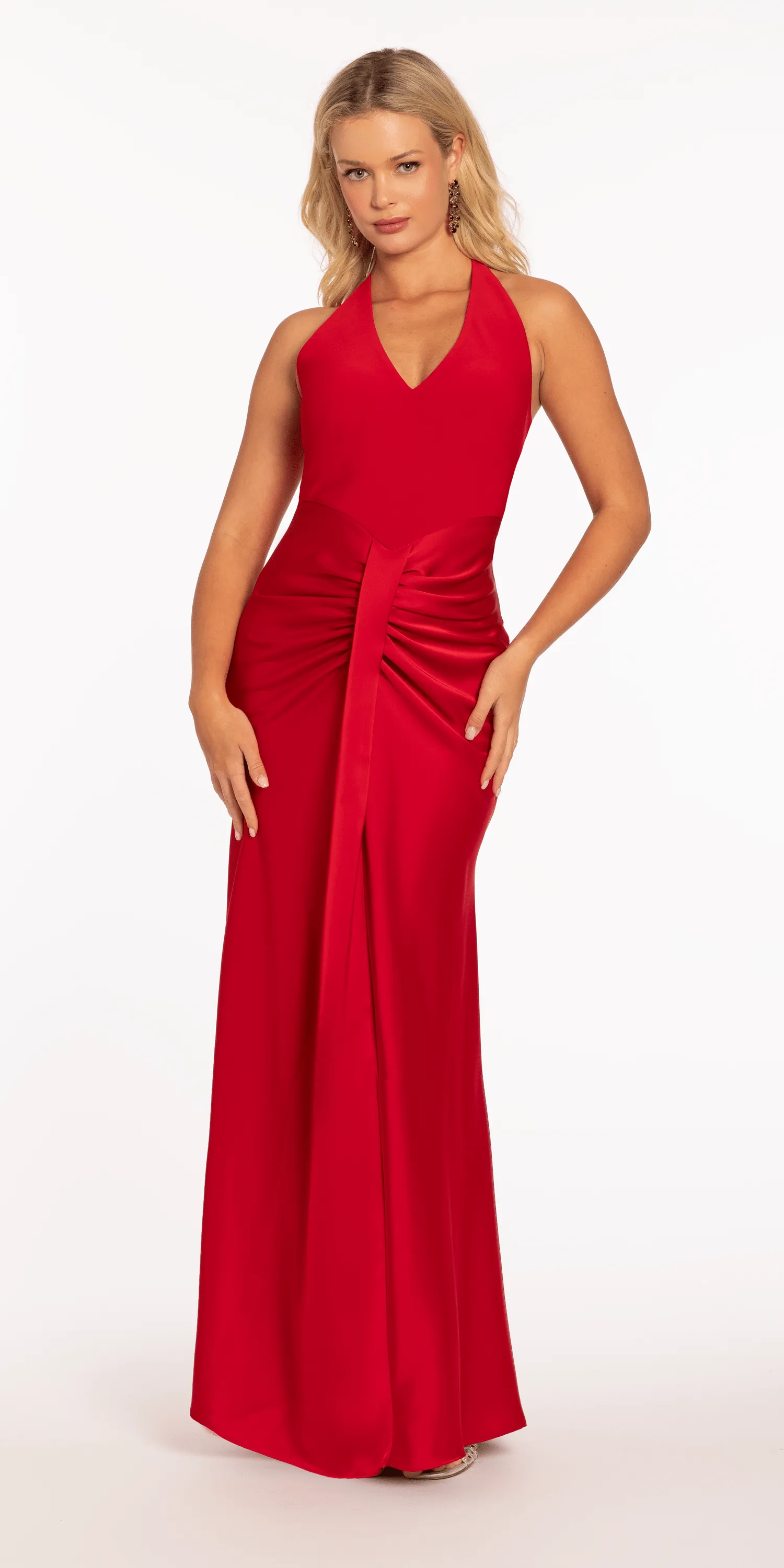 Crepe and Satin Halter Column Dress with Center Ruching