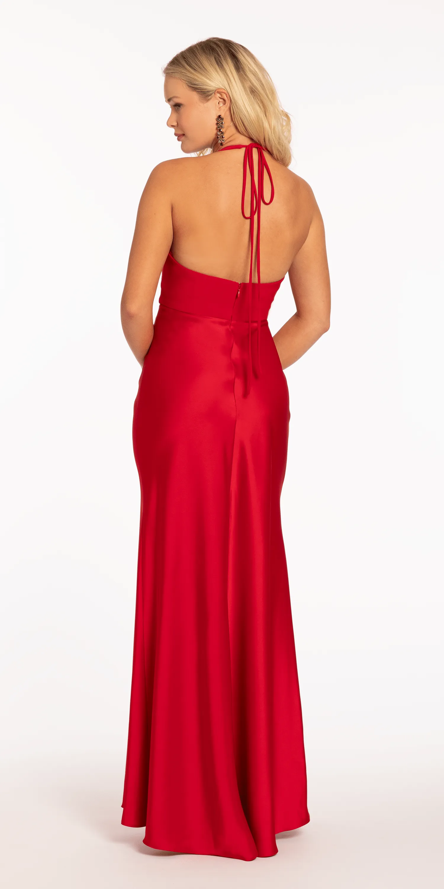 Crepe and Satin Halter Column Dress with Center Ruching