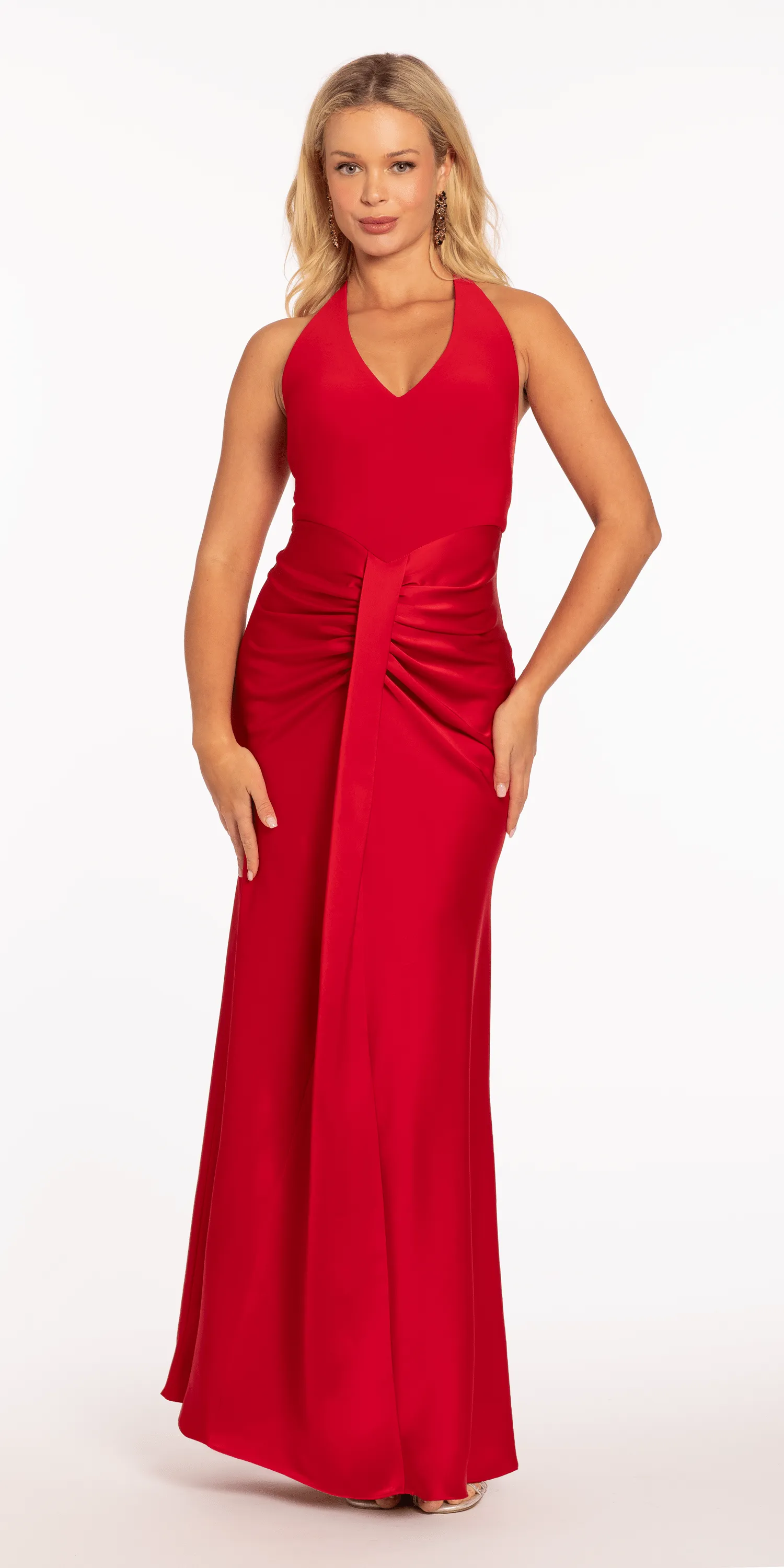 Crepe and Satin Halter Column Dress with Center Ruching