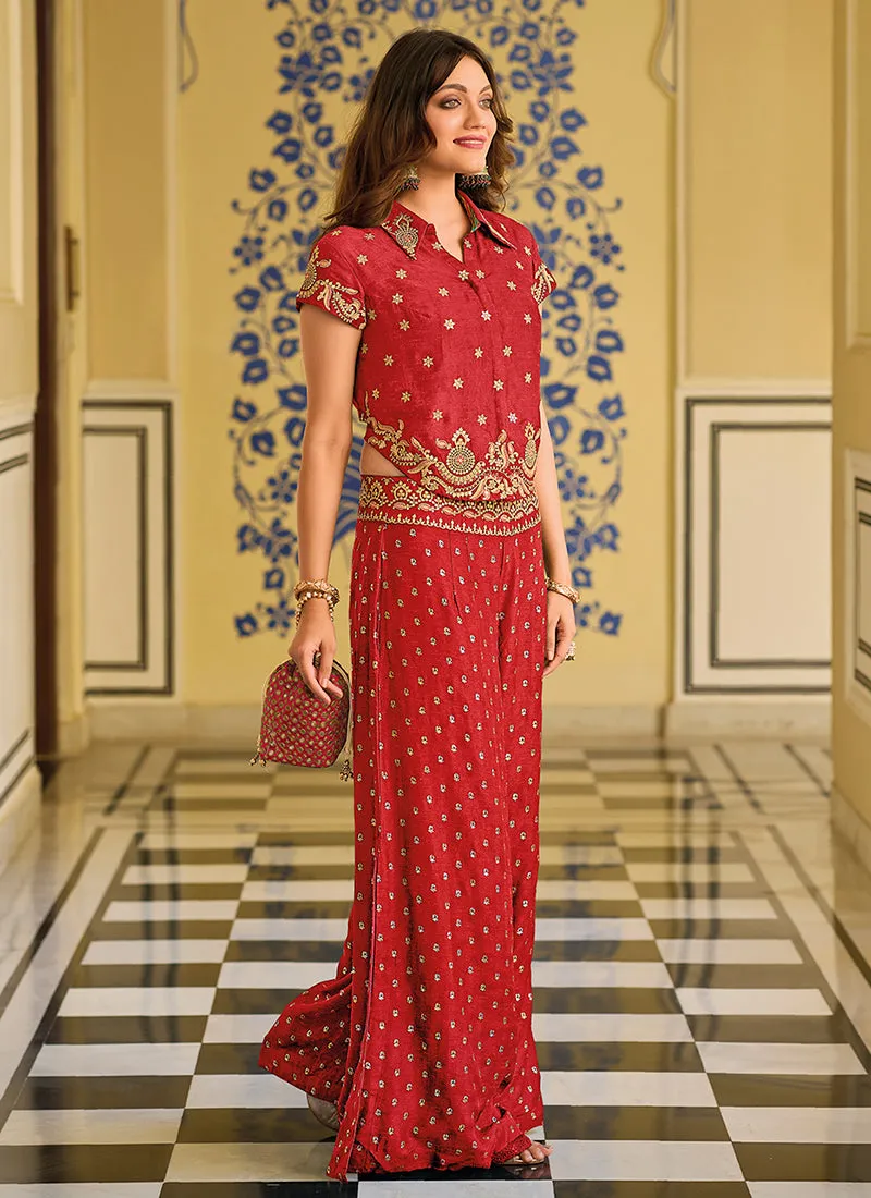 Crimson Red Designer Embroidered Silk Co-ord Set