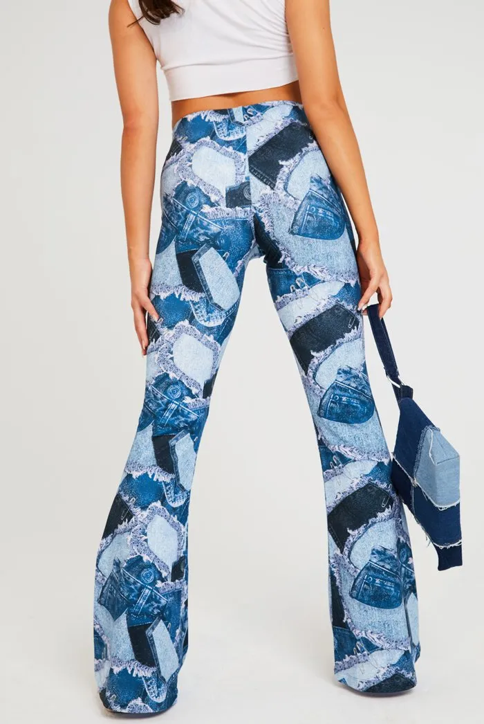 Denim Patchwork Print Flares