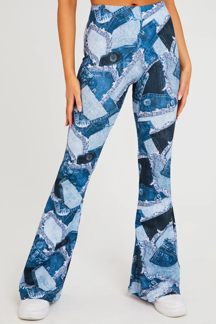 Denim Patchwork Print Flares