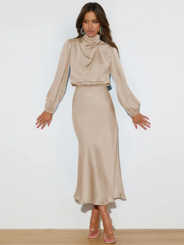 Elegant elegant women's satin long sleeve loose dress