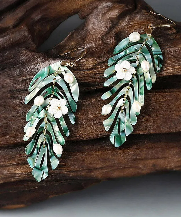 Elegant Green Copper Pearl Shell Flower Asymmetricar Leaf Drop Earrings LY2049