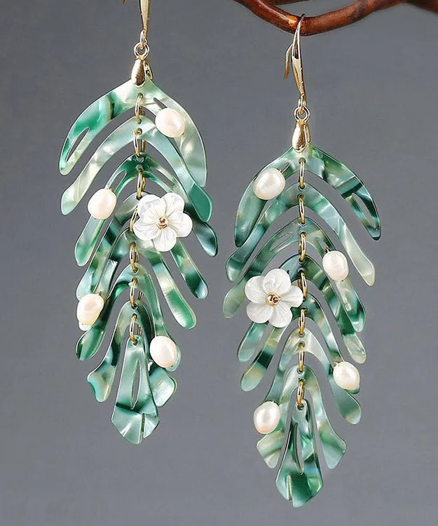 Elegant Green Copper Pearl Shell Flower Asymmetricar Leaf Drop Earrings LY2049