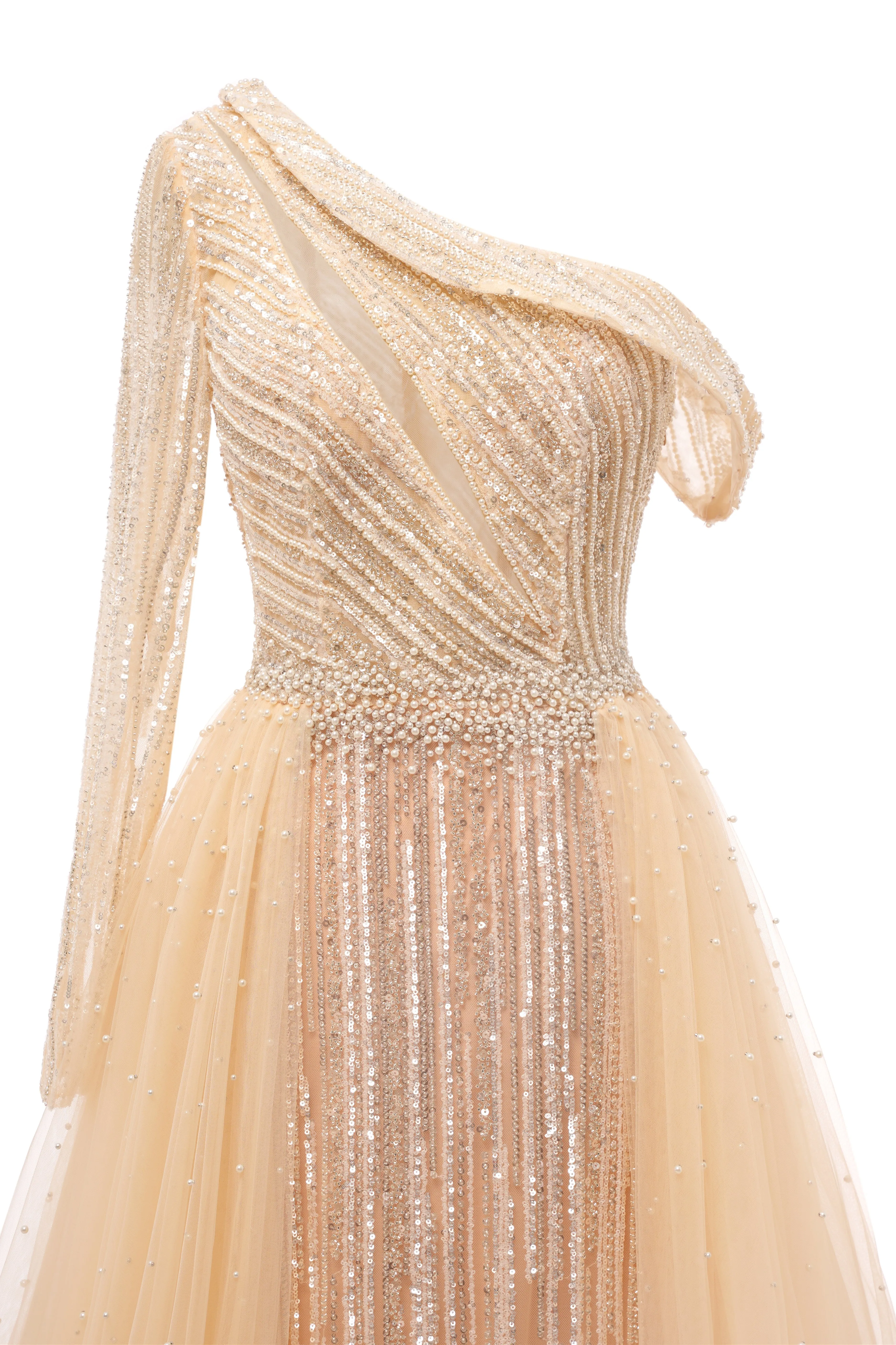 Elegant One Shoulder Beige Prom Dresses Sheer Beading Lace Formal Dresses