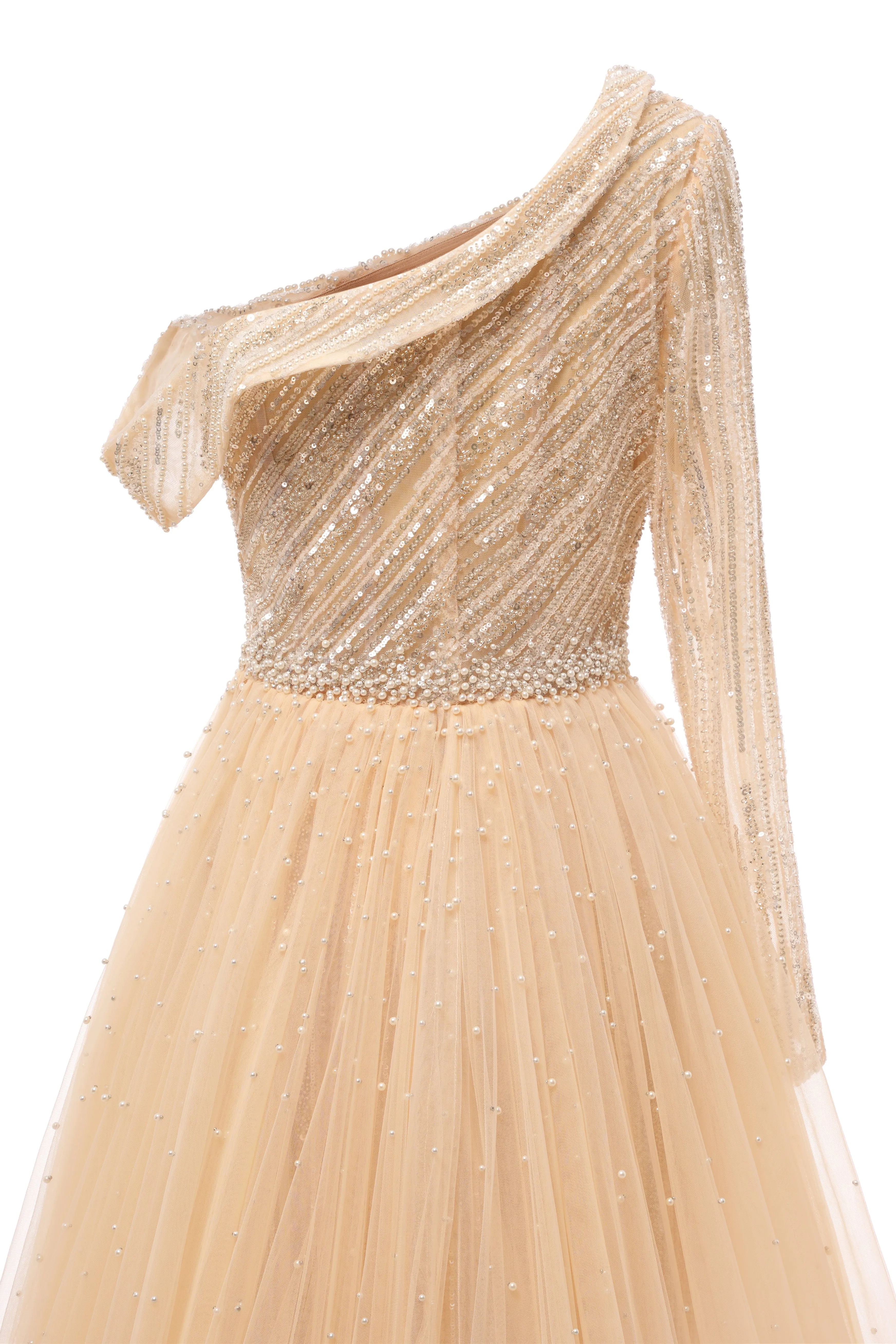 Elegant One Shoulder Beige Prom Dresses Sheer Beading Lace Formal Dresses