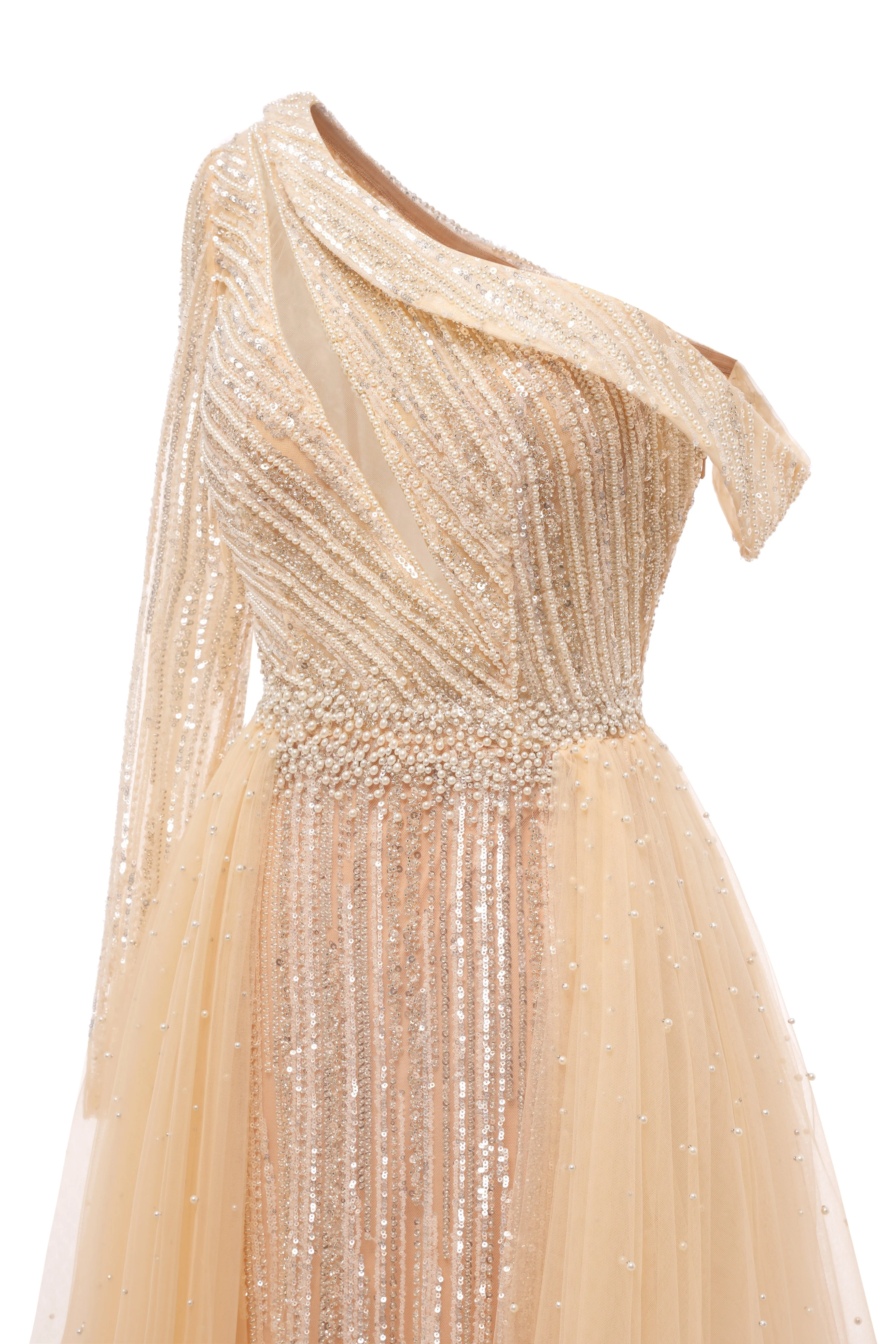 Elegant One Shoulder Beige Prom Dresses Sheer Beading Lace Formal Dresses