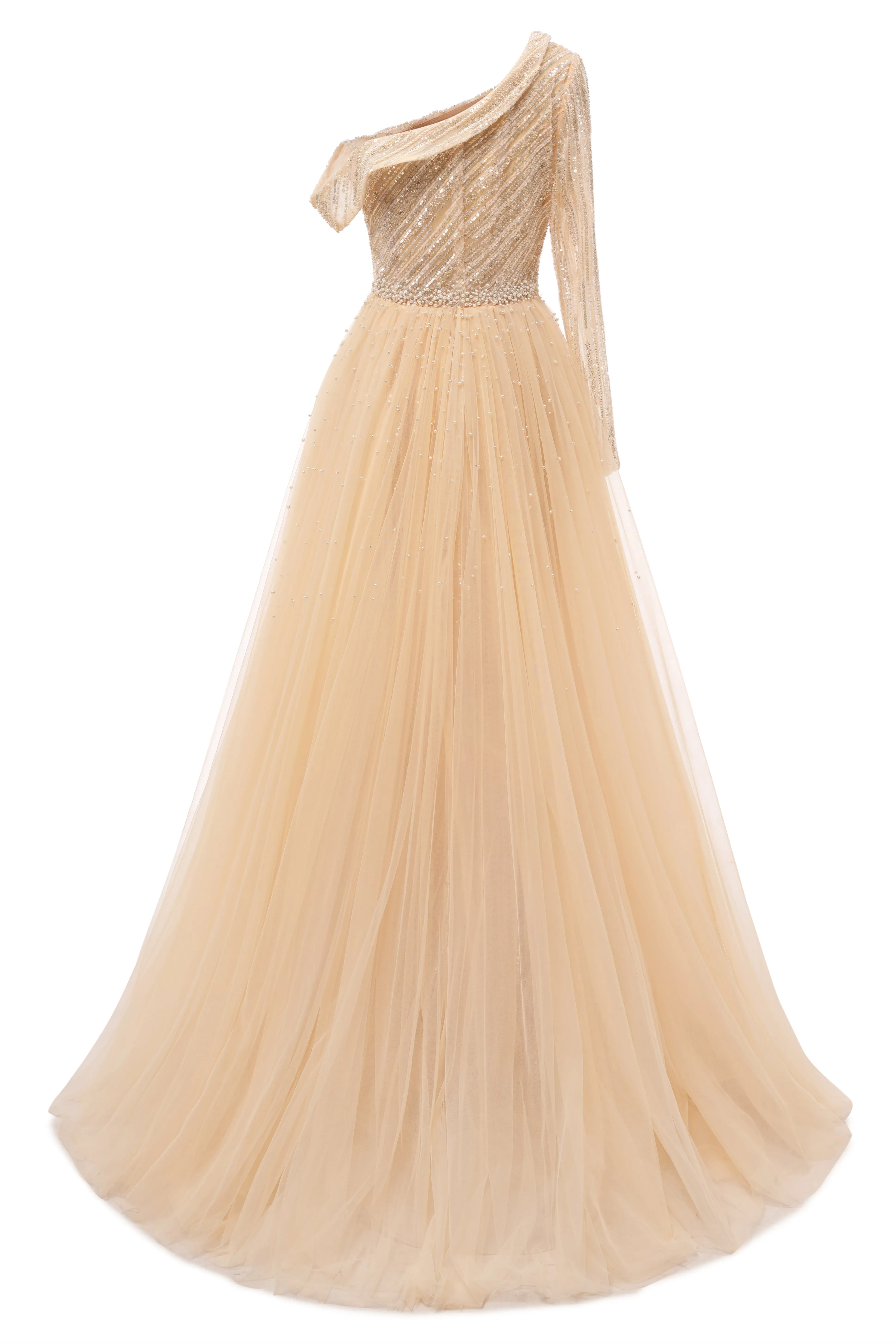 Elegant One Shoulder Beige Prom Dresses Sheer Beading Lace Formal Dresses