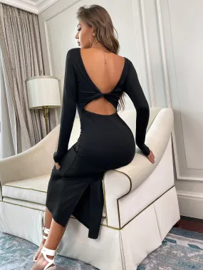 Elegant Plain Twist Long Sleeve Round Neck Slit High Waist Midi Dress