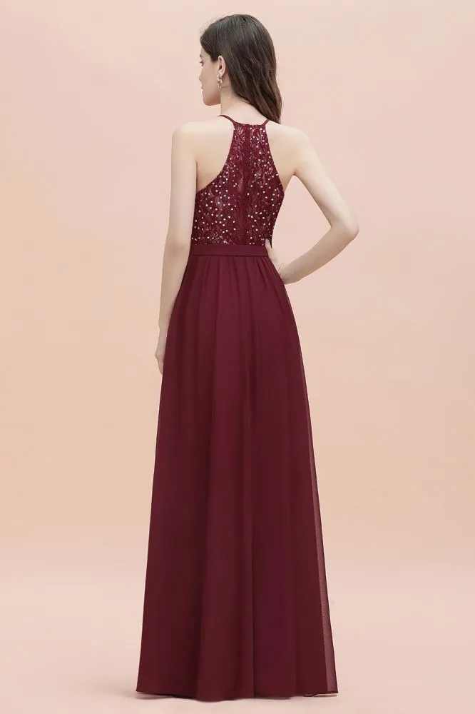 Elegant V-Neck Chiffon Bridesmaid Dress Backless aline Party Dress with Sequins