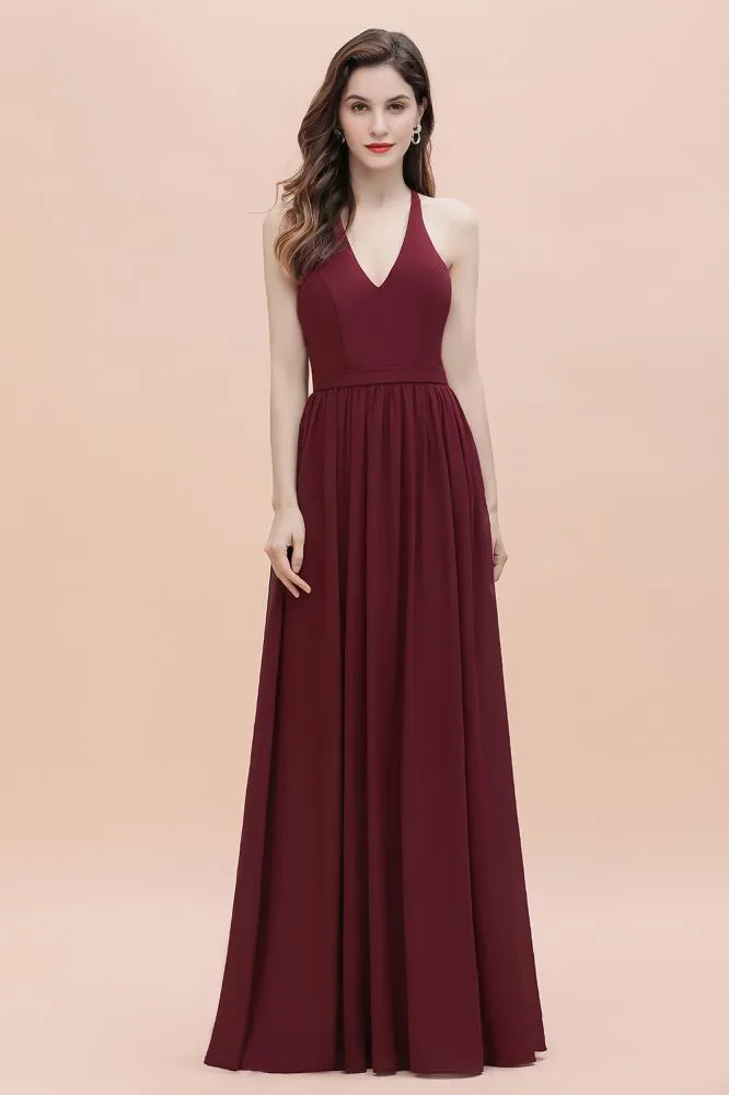 Elegant V-Neck Chiffon Bridesmaid Dress Backless aline Party Dress with Sequins