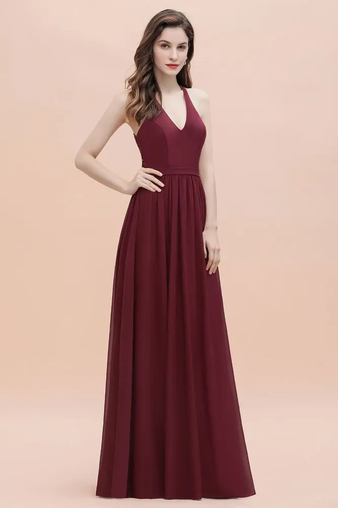 Elegant V-Neck Chiffon Bridesmaid Dress Backless aline Party Dress with Sequins