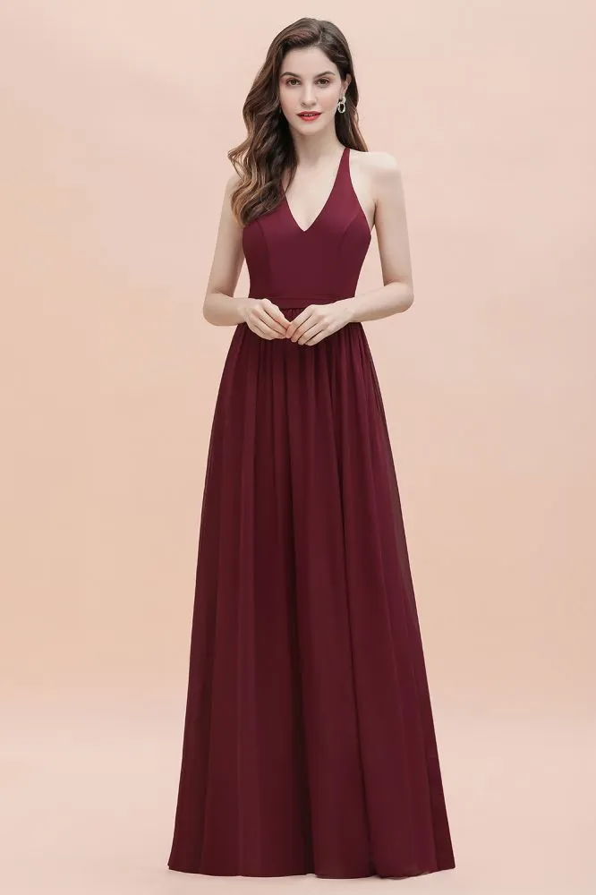 Elegant V-Neck Chiffon Bridesmaid Dress Backless aline Party Dress with Sequins