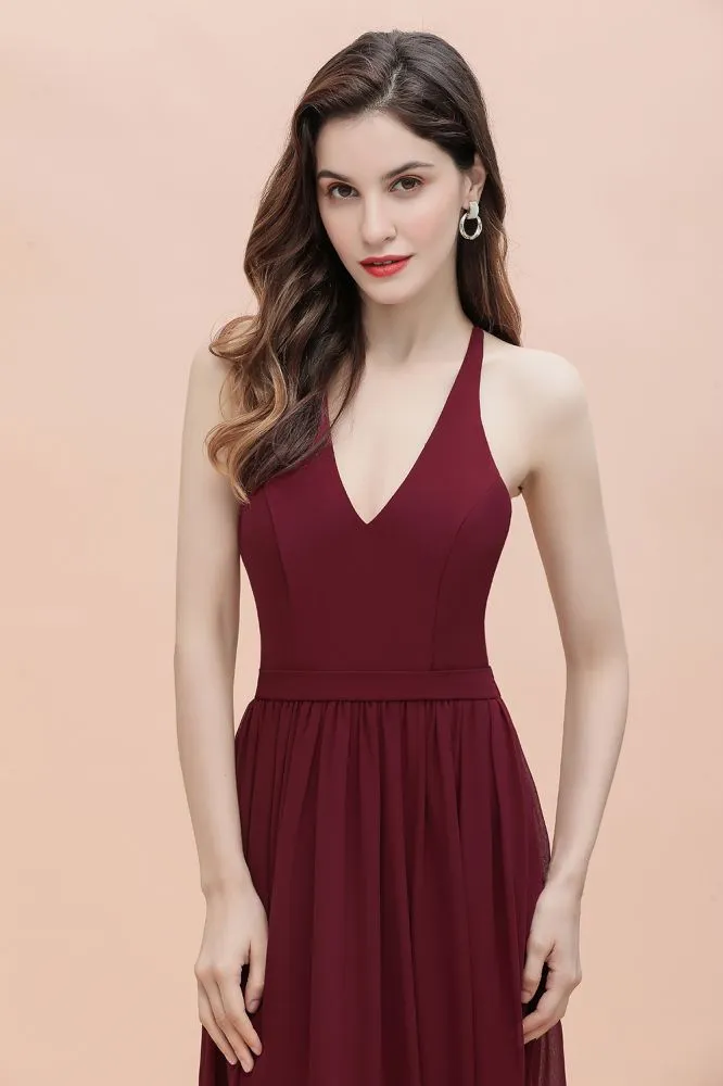 Elegant V-Neck Chiffon Bridesmaid Dress Backless aline Party Dress with Sequins