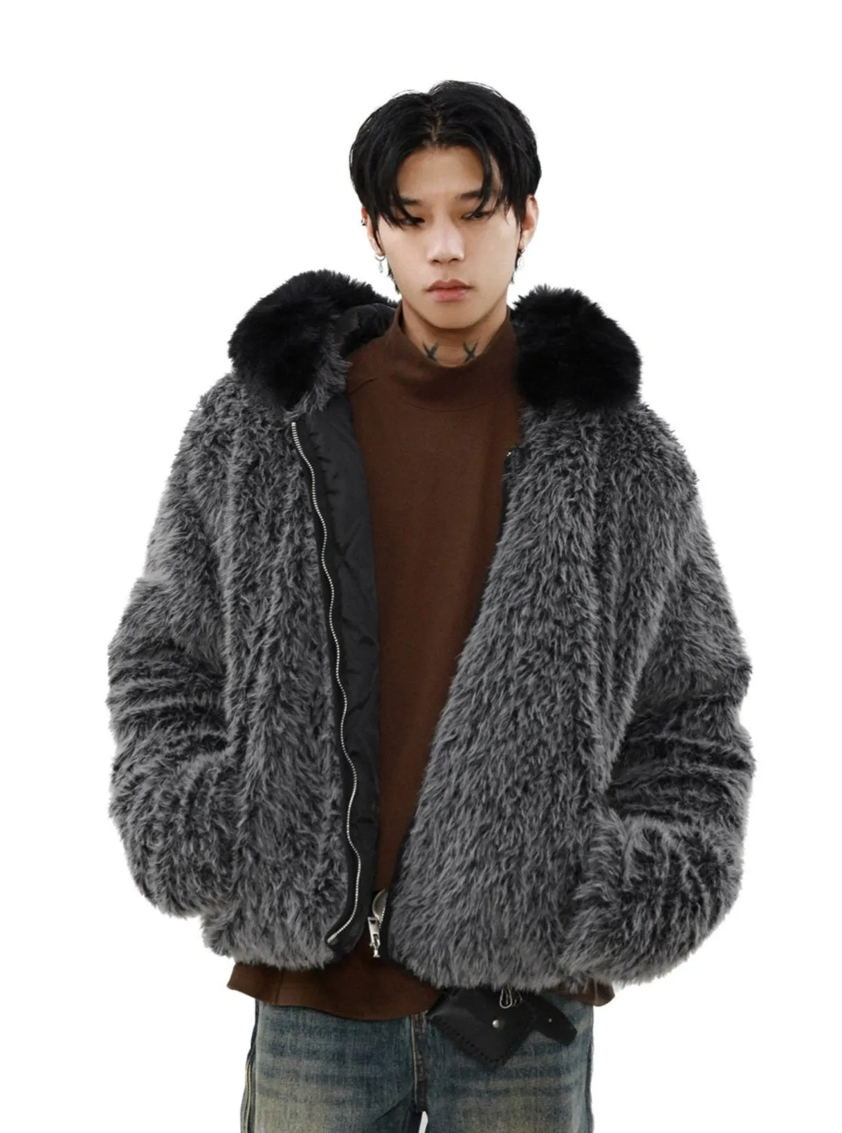 Faux Fur Oversized Hooded Zip Jacket