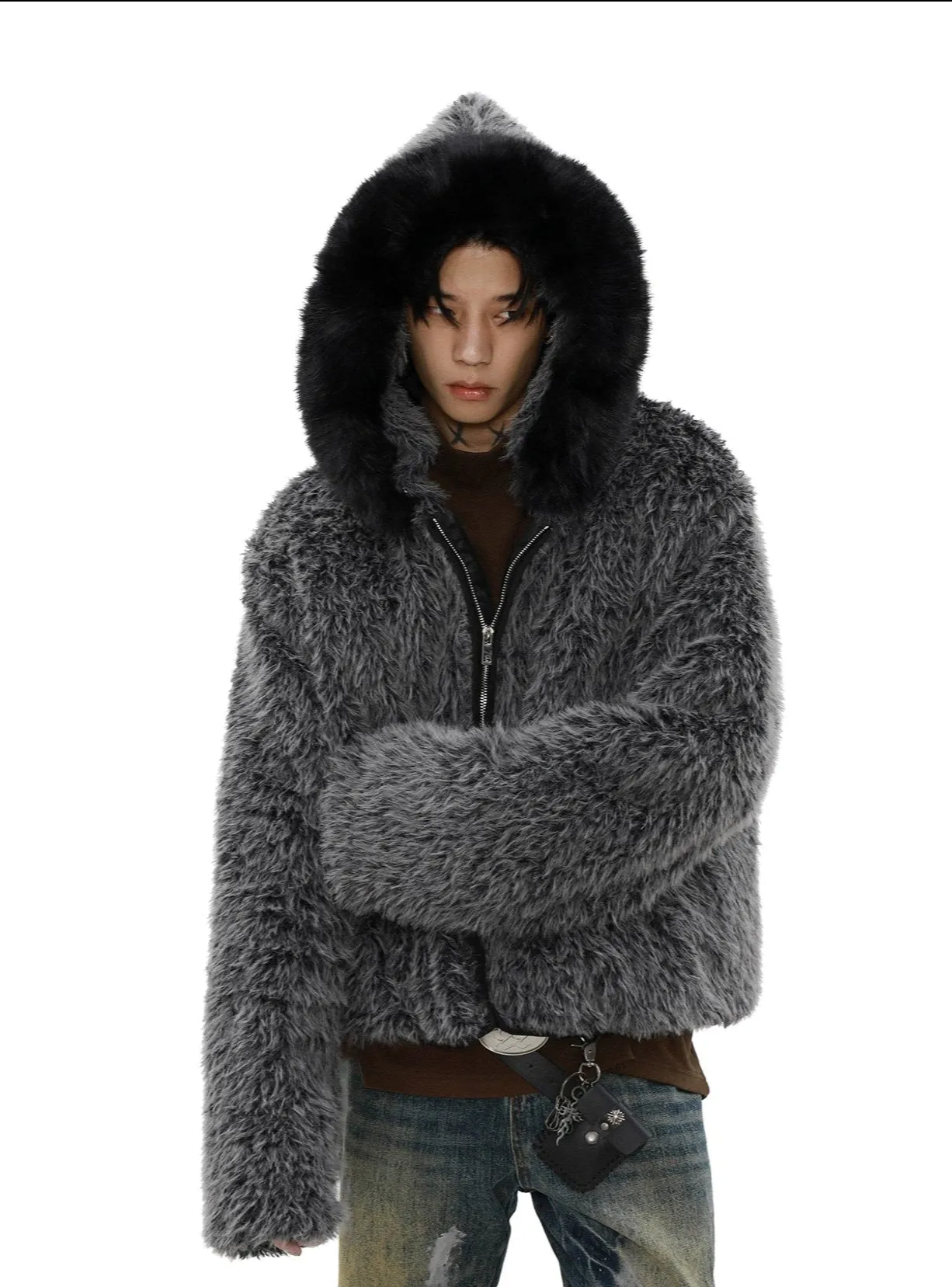 Faux Fur Oversized Hooded Zip Jacket