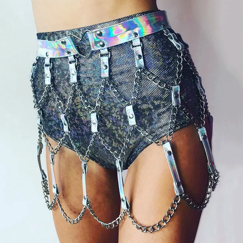 Faux Leather Holographic Outfit Sexy Backless Metal Chain Tops