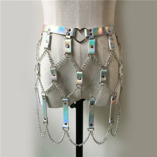 Faux Leather Holographic Outfit Sexy Backless Metal Chain Tops