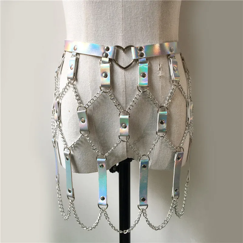 Faux Leather Holographic Outfit Sexy Backless Metal Chain Tops