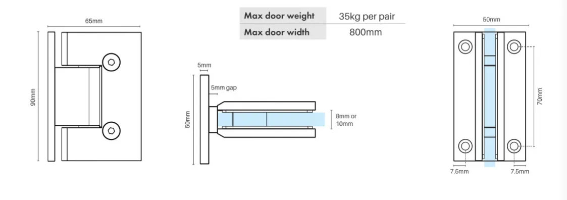 Glass to Wall Frameless shower door hinge, 8 - 10mm glass, very high quality - Chrome